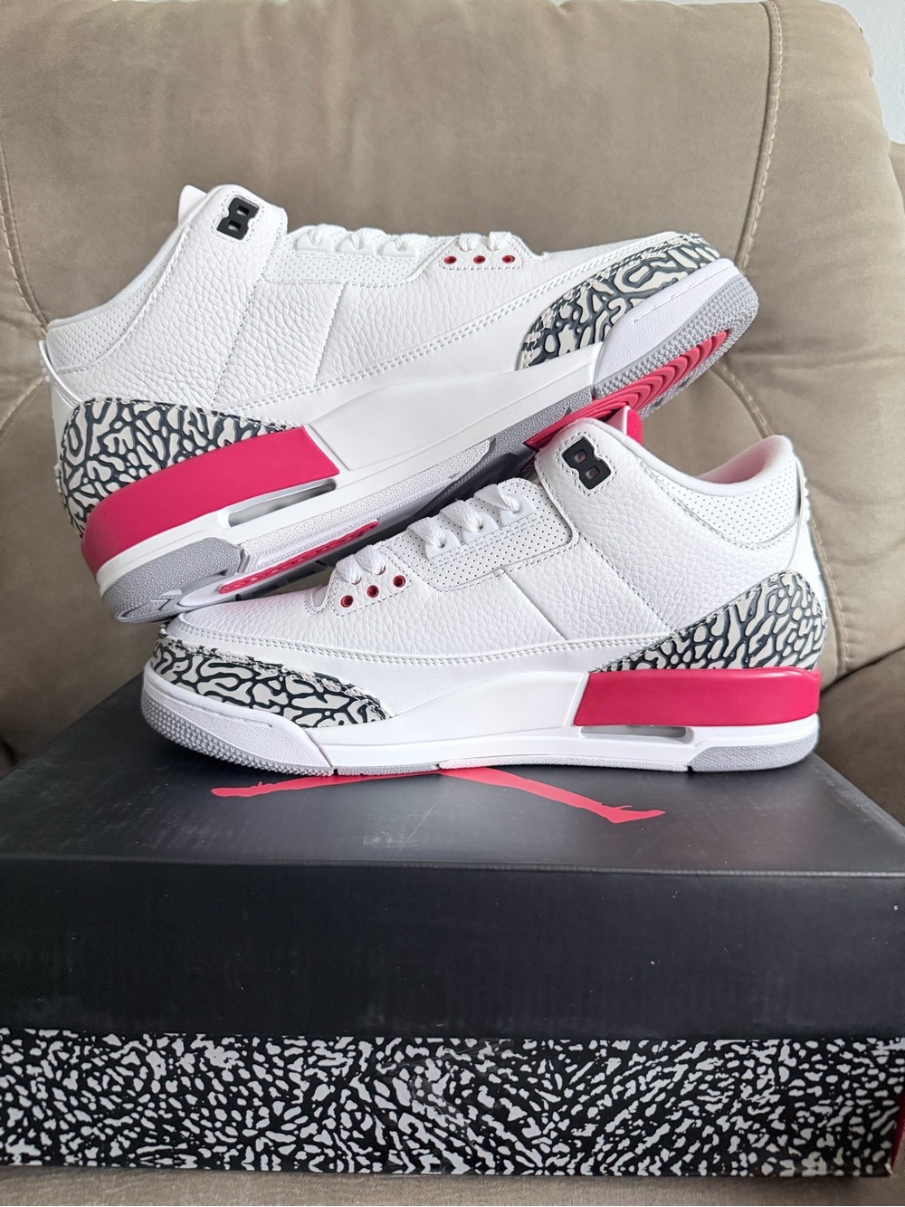 Jordan Men's White and Pink Retro Sneakers with Elephant Print